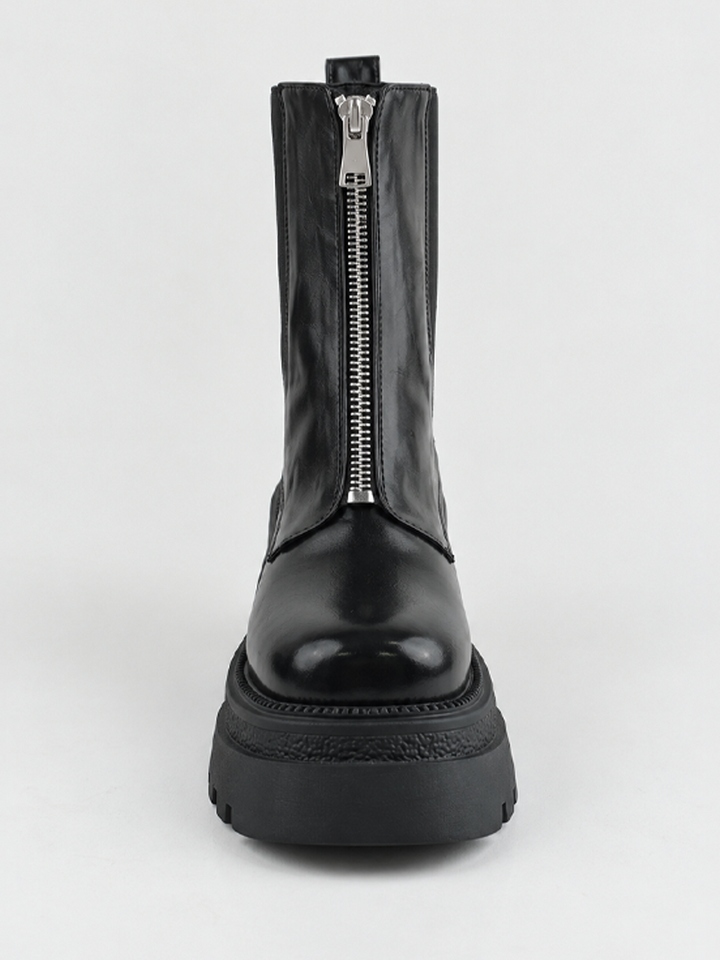 Black front-zip platform chelsea boot faux leather – front view showing the zip