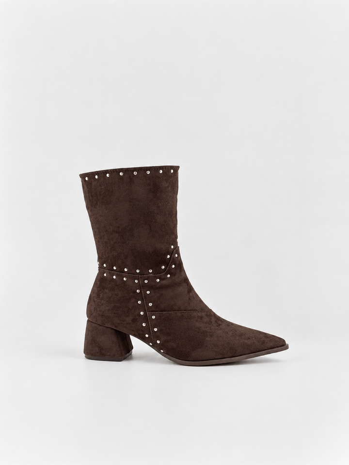 Brown harlow heel ankle boot faux suede – side view