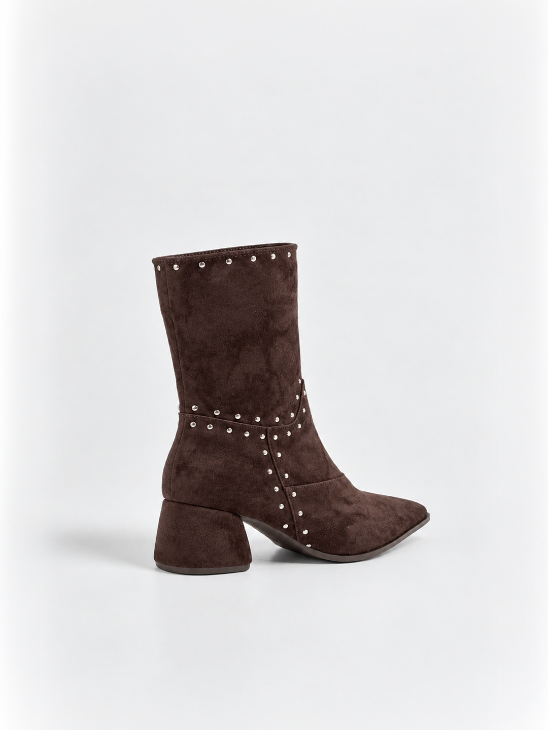 Brown harlow heel ankle boot faux suede – front three-quarter view