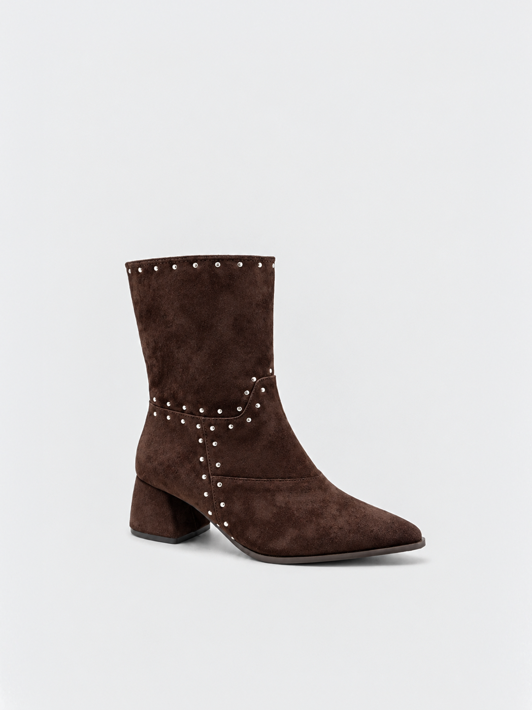 Brown harlow heel ankle boot faux suede – back three-quarter view