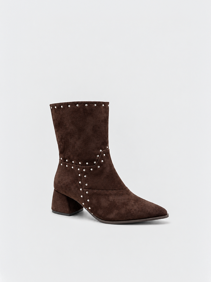 Brown harlow heel ankle boot faux suede – back three-quarter view