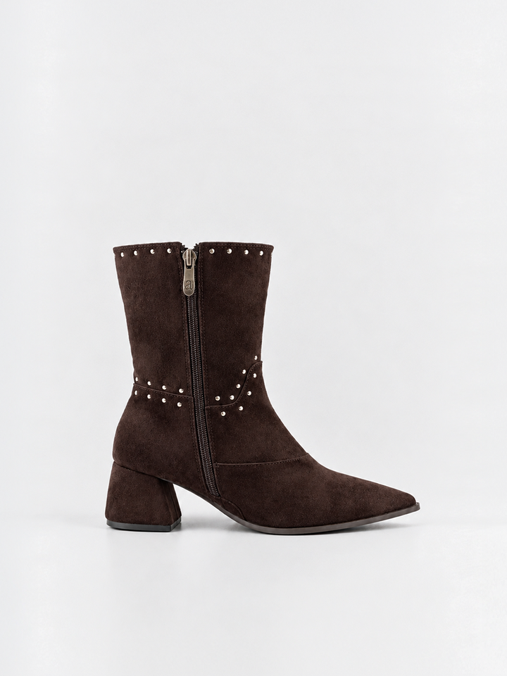 Brown harlow heel ankle boot faux suede – inner side view showing the zip