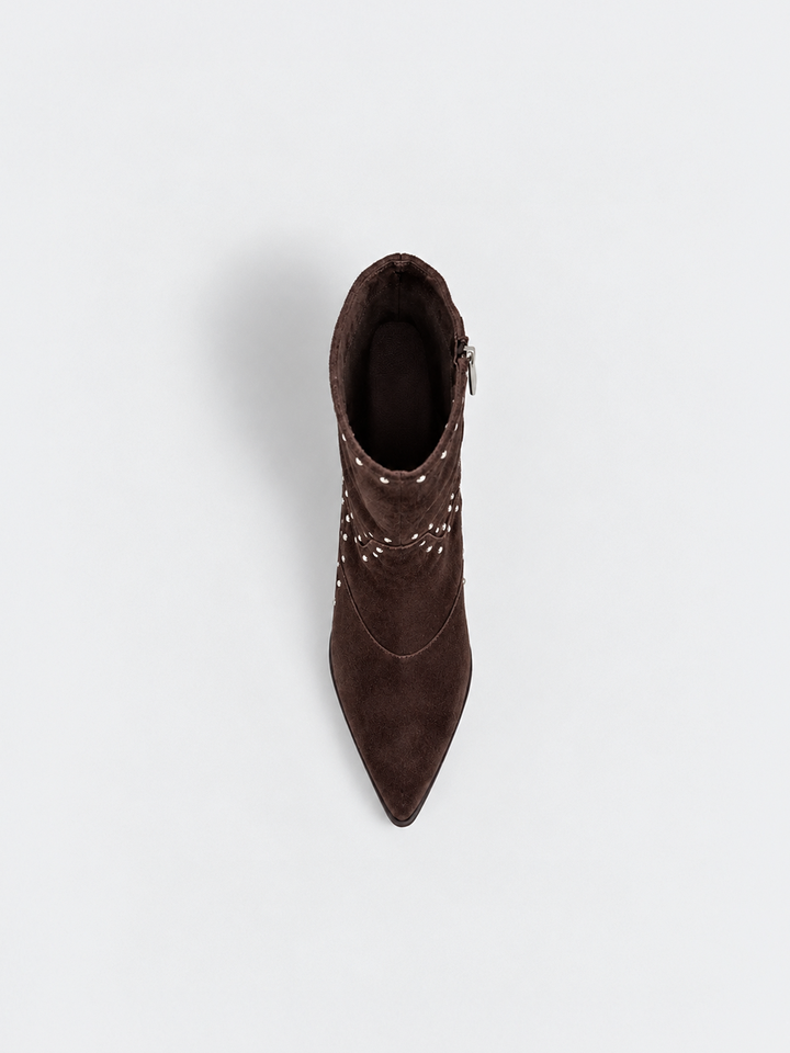 Brown harlow heel ankle boot faux suede – top view