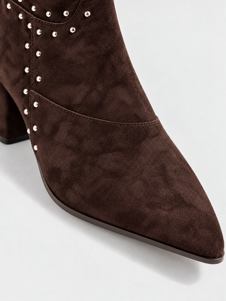 Brown harlow heel ankle boot faux suede – pointed toe close-up