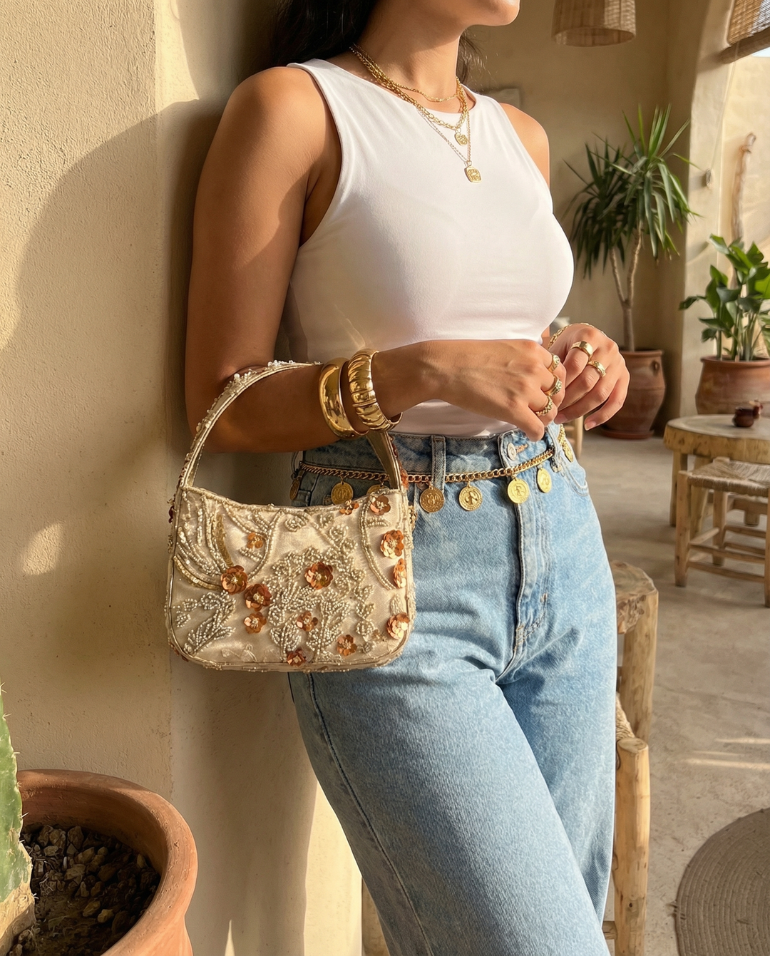 Daisy Pearl Embroidered Mini Bag