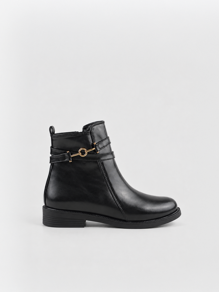 Black horsebit strap ankle boot faux leather – side view