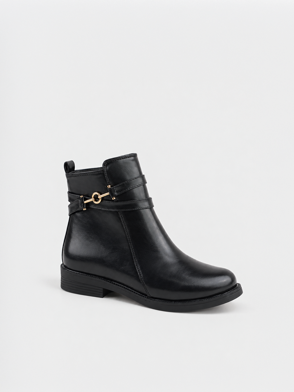 Black horsebit strap ankle boot faux leather – front three-quarter view