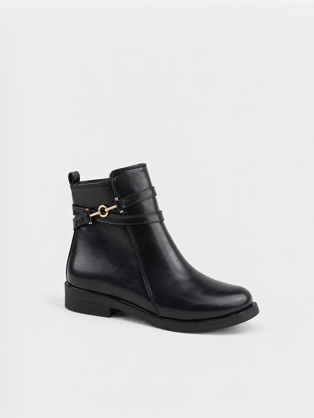 Black horsebit strap ankle boot faux leather – front three-quarter view