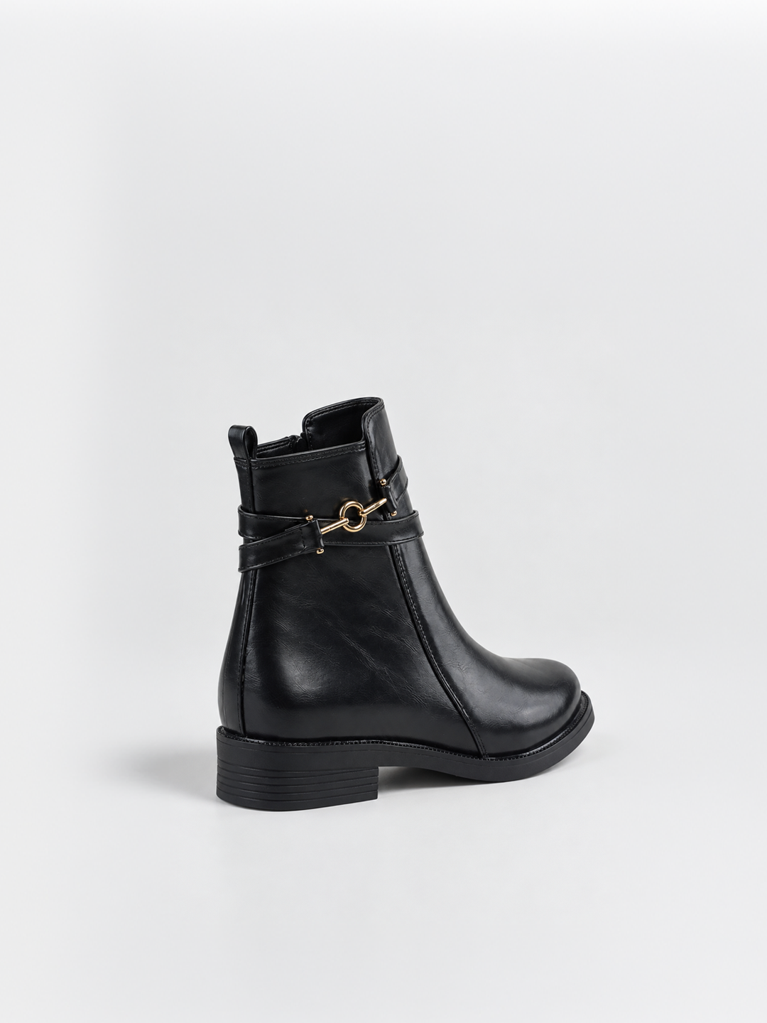 Black horsebit strap ankle boot faux leather – back three-quarter view