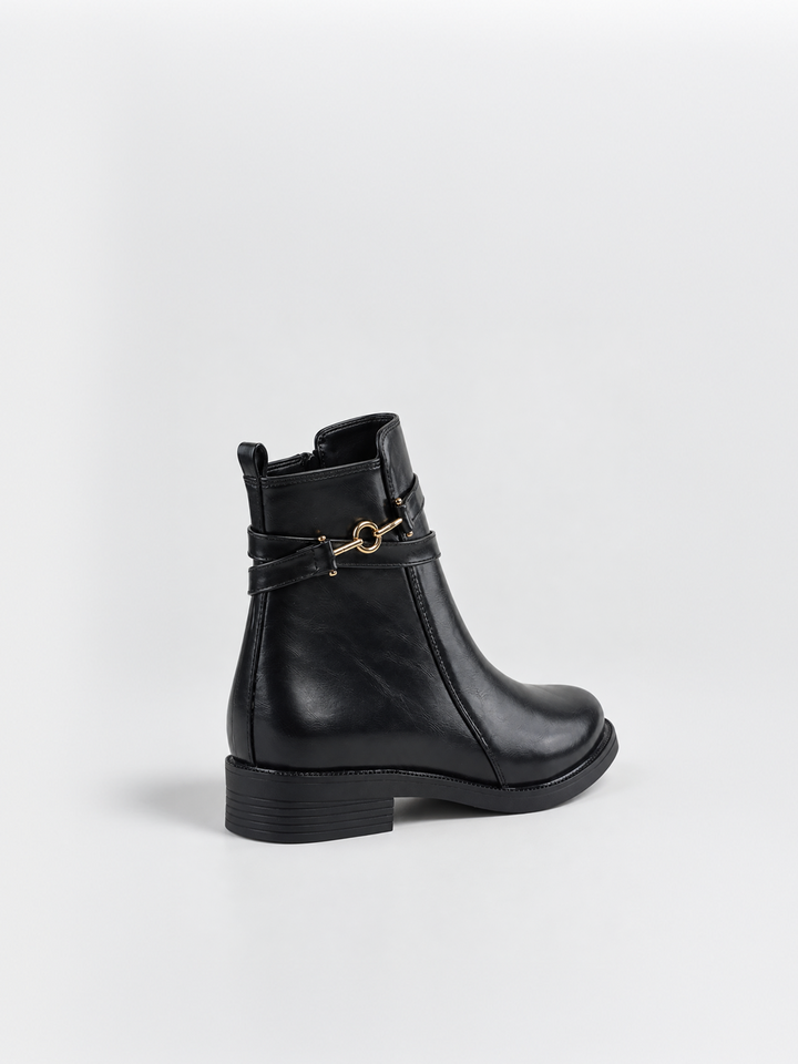 Black horsebit strap ankle boot faux leather – back three-quarter view
