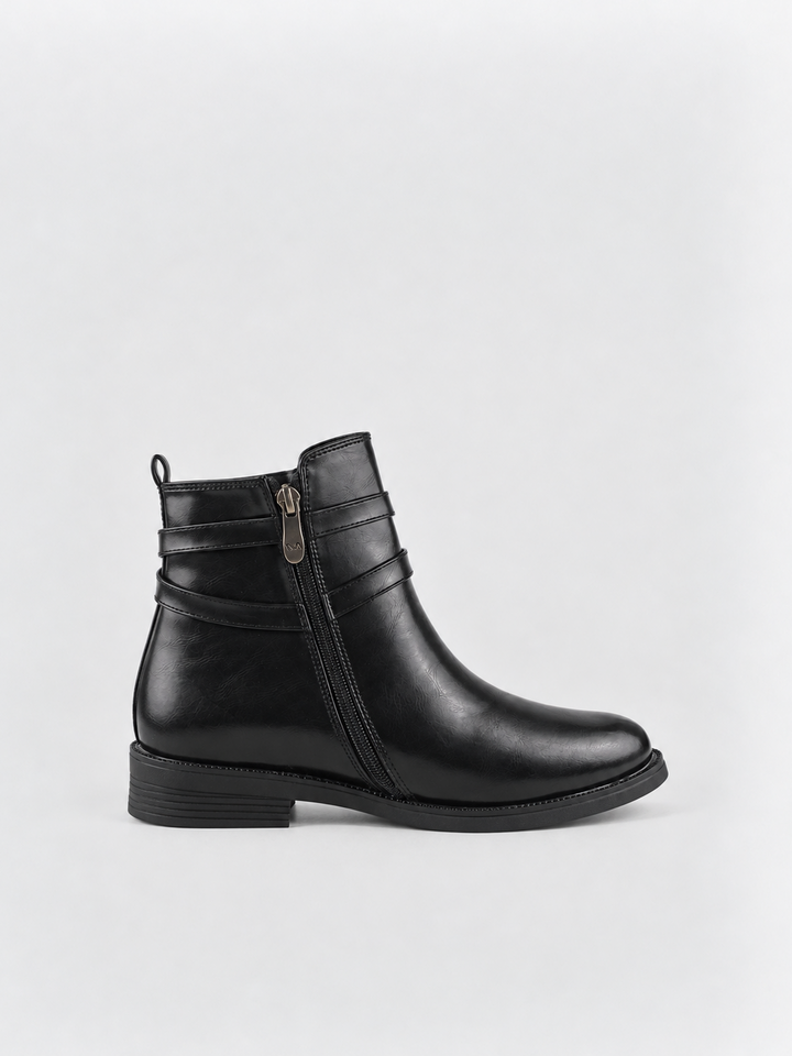 Black horsebit strap ankle boot faux leather – inner side view showing the zip