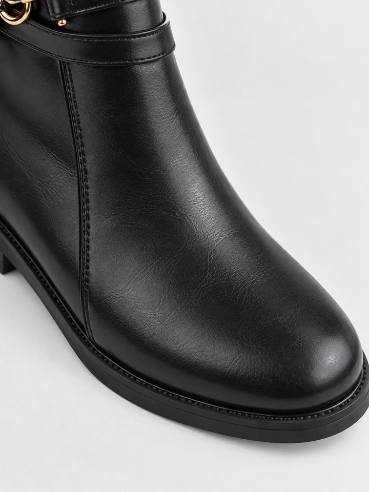 Black horsebit strap ankle boot faux leather – round toe close-up