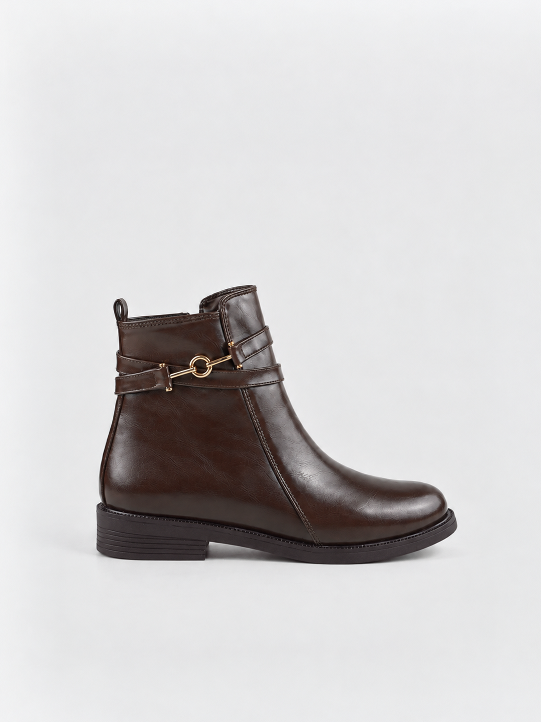 Brown horsebit strap ankle boot faux leather – side view
