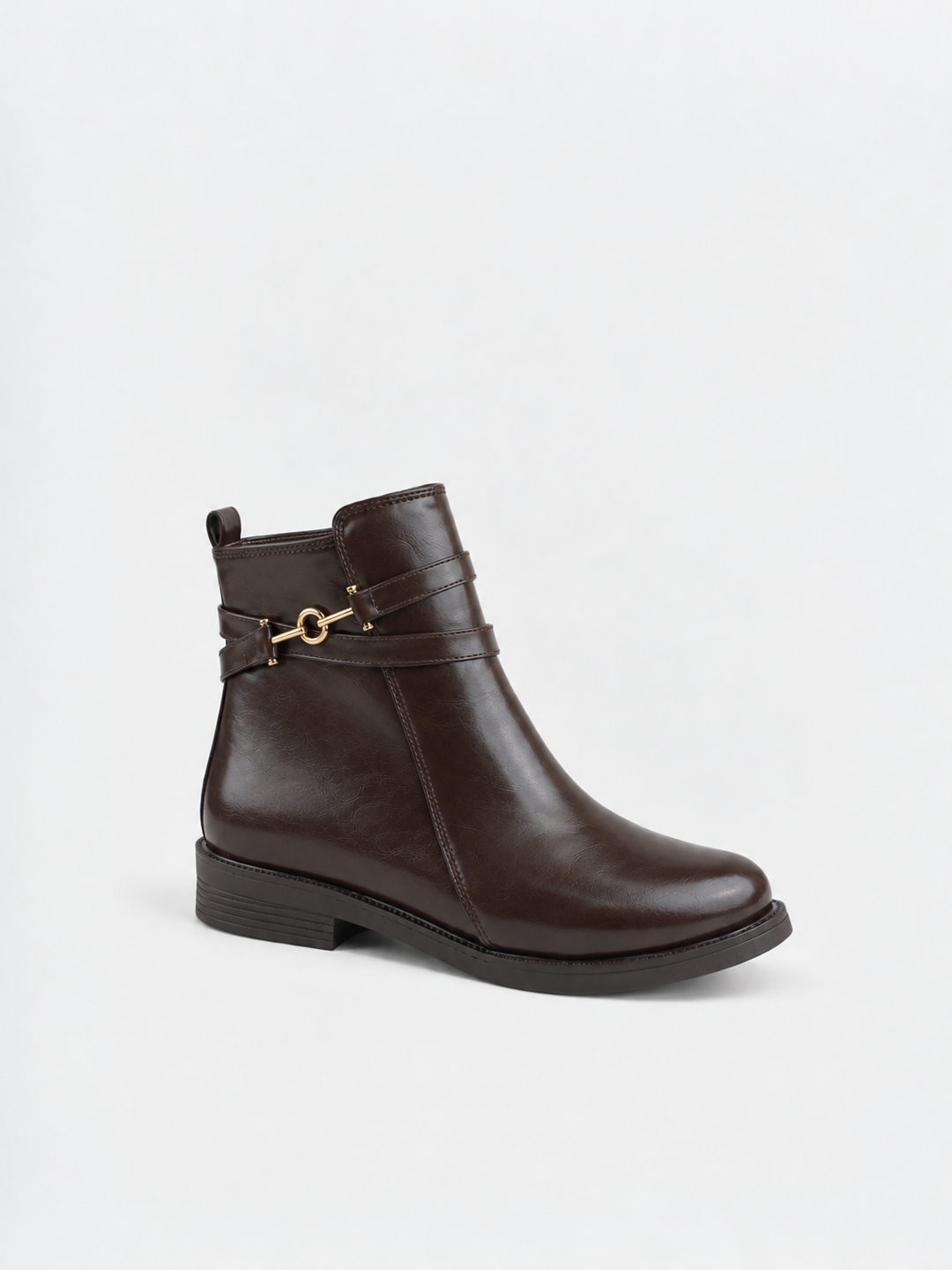 Brown horsebit strap ankle boot faux leather – front three-quarter view