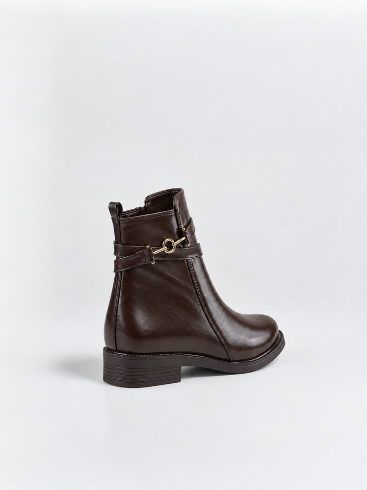 Brown horsebit strap ankle boot faux leather – back three-quarter view
