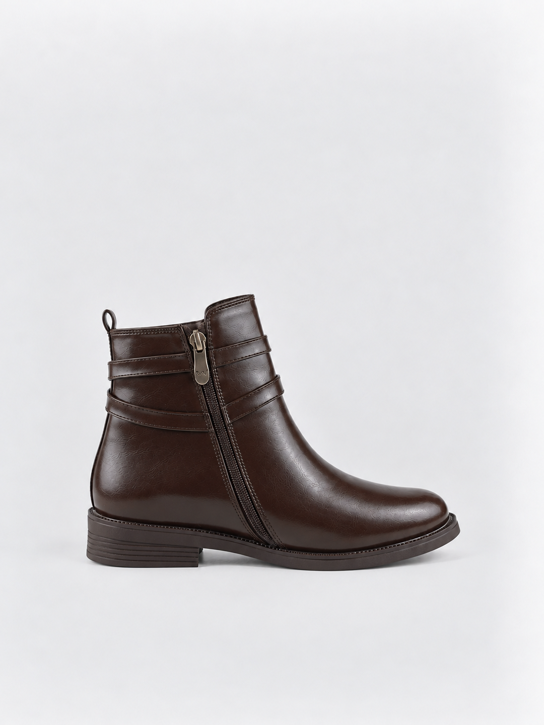 Brown horsebit strap ankle boot faux leather – inner side view showing the zip