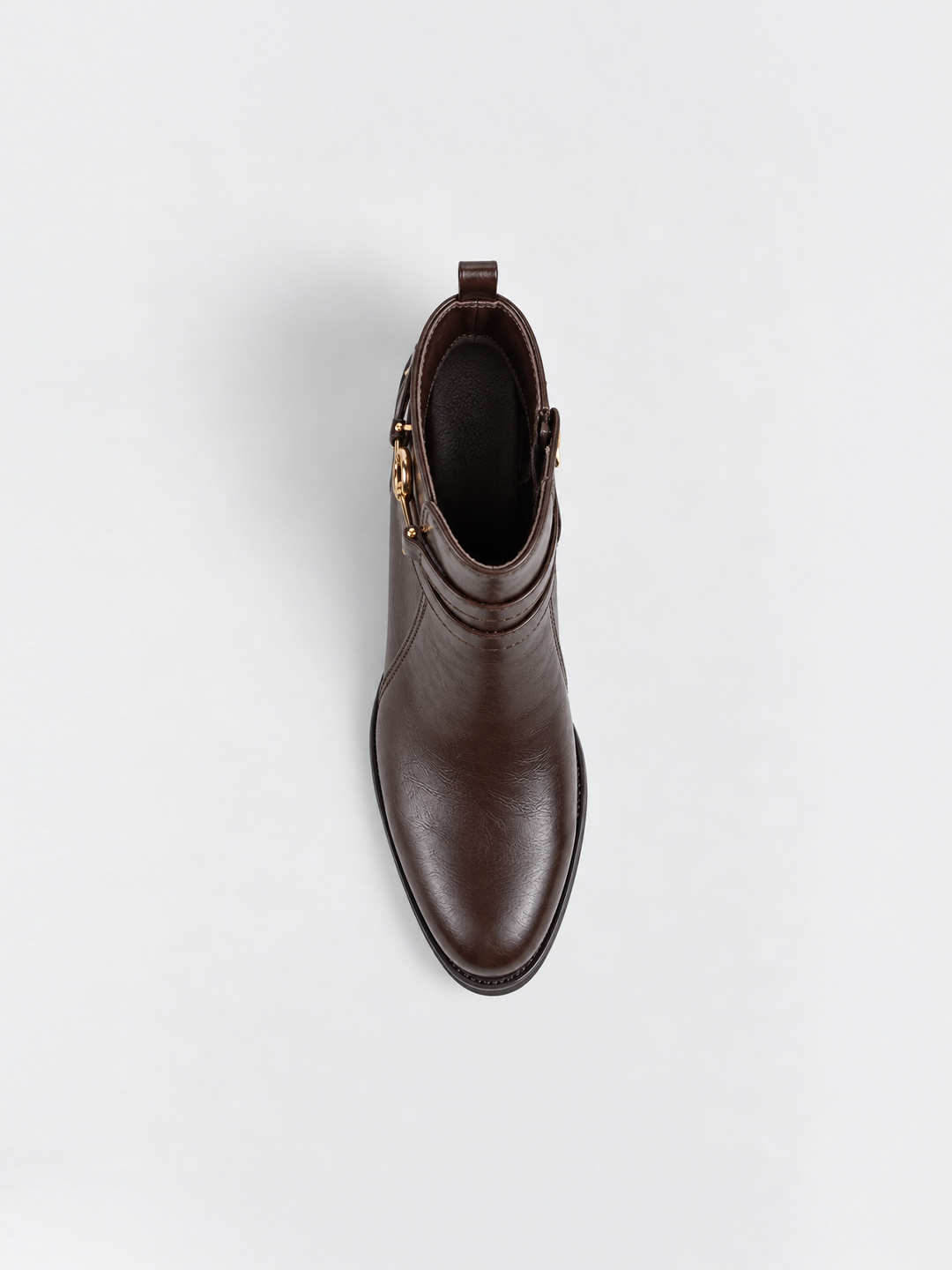 Brown horsebit strap ankle boot faux leather – top view