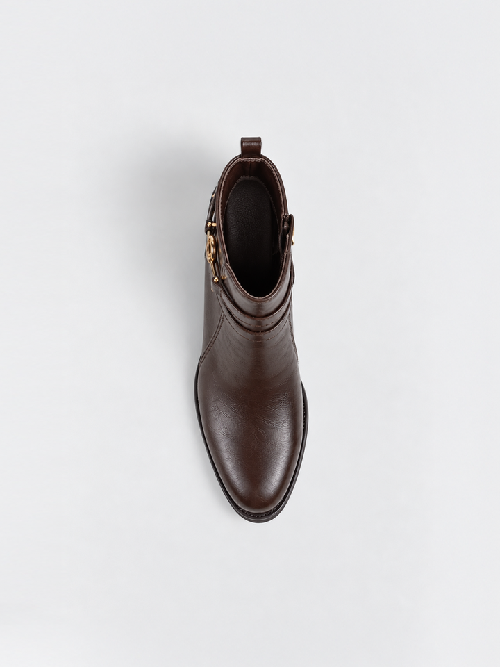 Brown horsebit strap ankle boot faux leather – top view