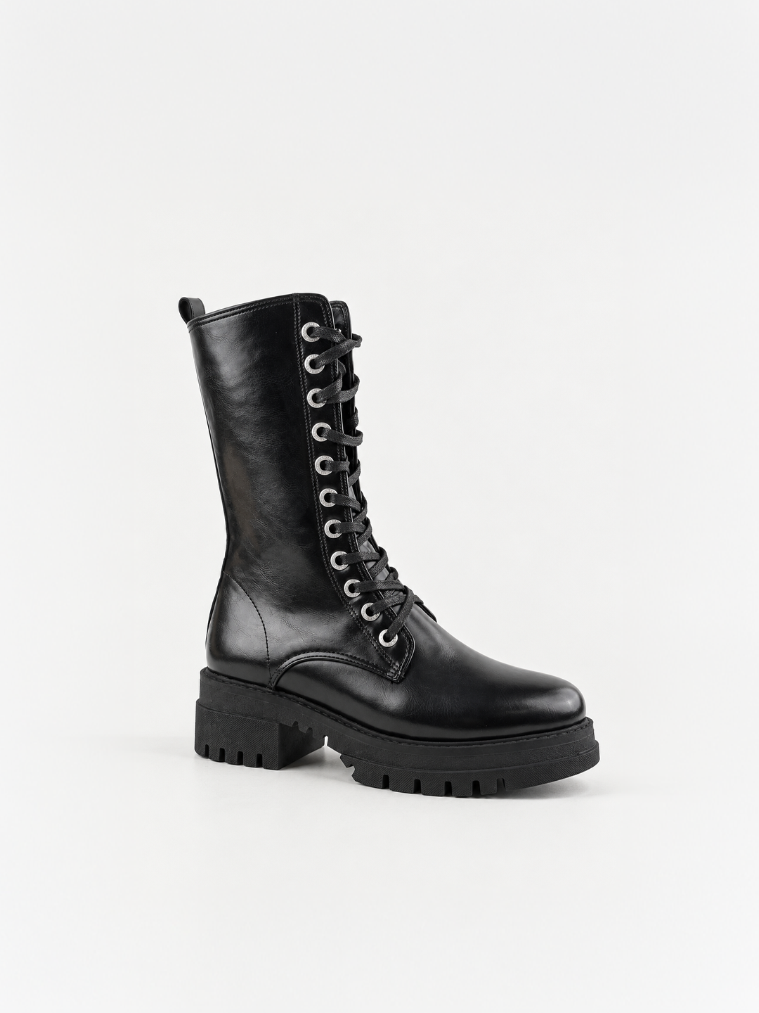 Black mid-calf lace-up combat boot faux leather – front three-quarter view
