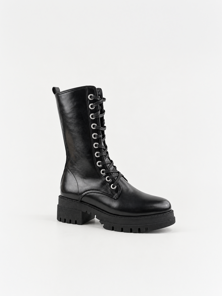 Black mid-calf lace-up combat boot faux leather – front three-quarter view