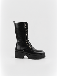 Mid-Calf Lace-Up Combat Boot Faux Leather – Black