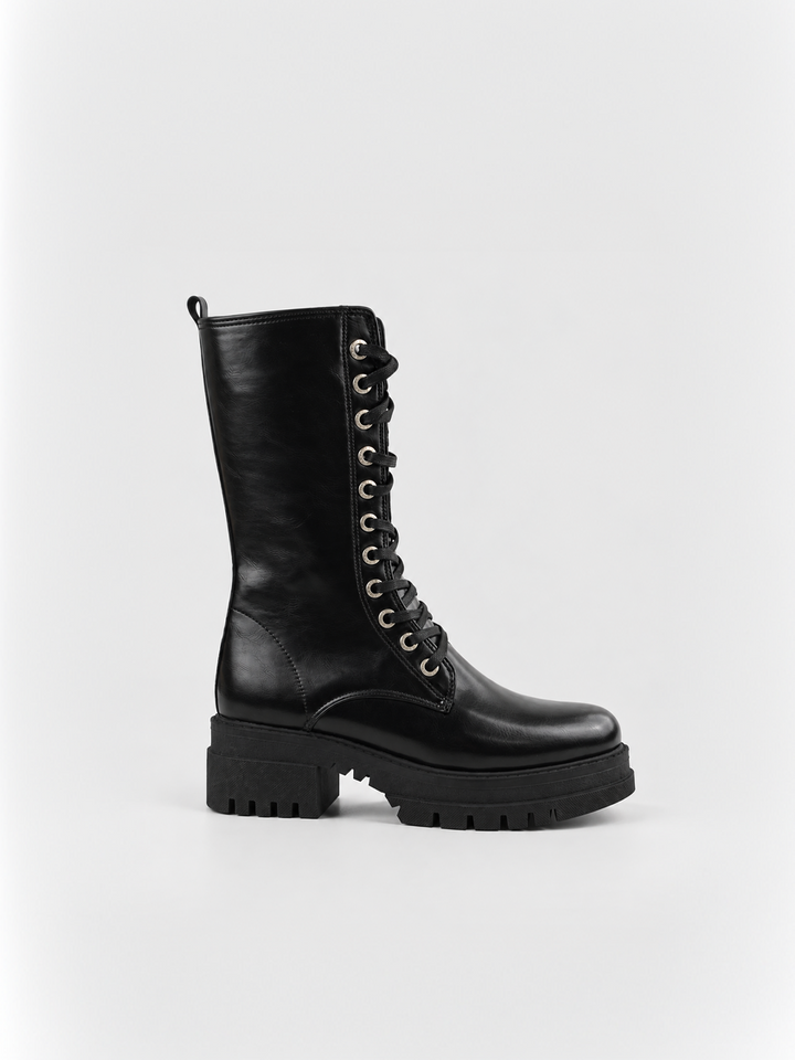 Black mid-calf lace-up combat boot faux leather – side view