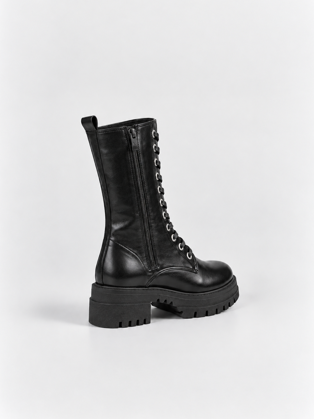 Black mid-calf lace-up combat boot faux leather – inner side view showing the zip