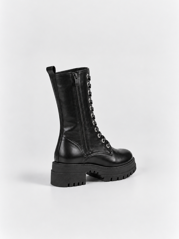 Black mid-calf lace-up combat boot faux leather – inner side view showing the zip