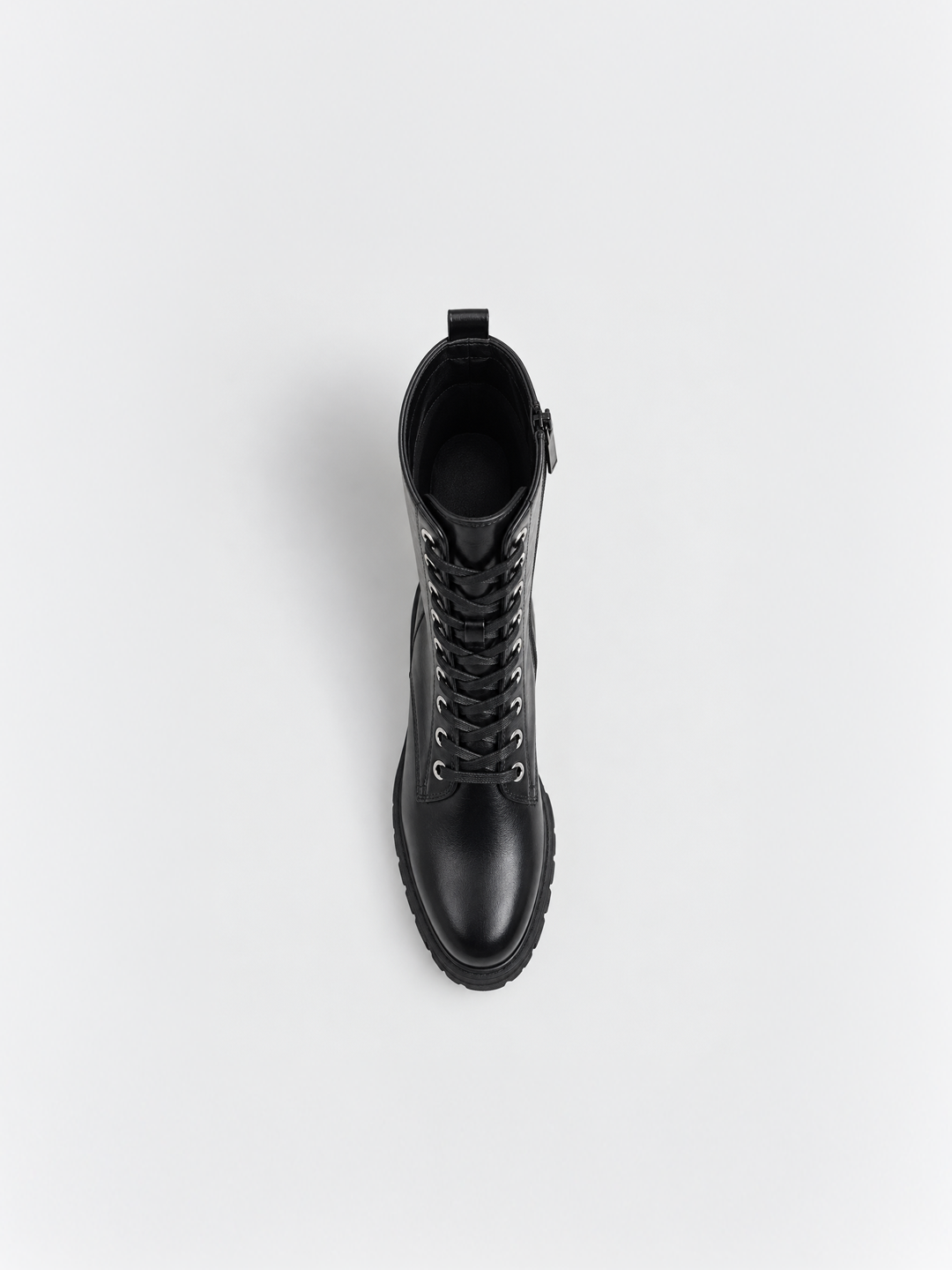 Black mid-calf lace-up combat boot faux leather – top view