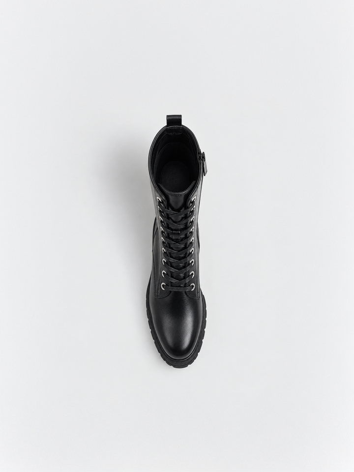 Black mid-calf lace-up combat boot faux leather – top view