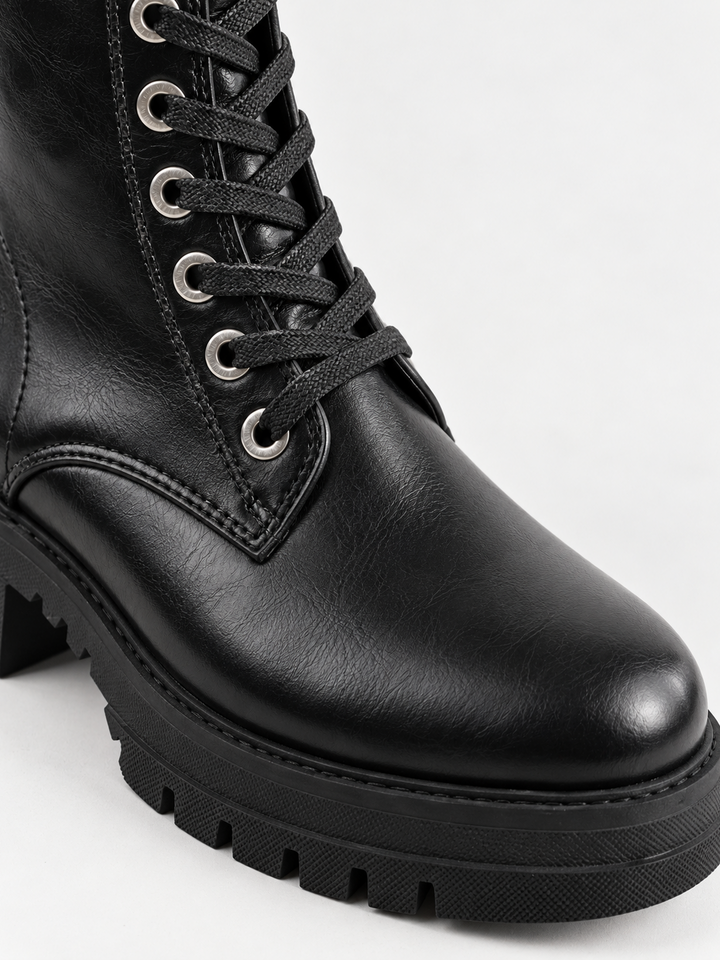 Black mid-calf lace-up combat boot faux leather – round toe close-up