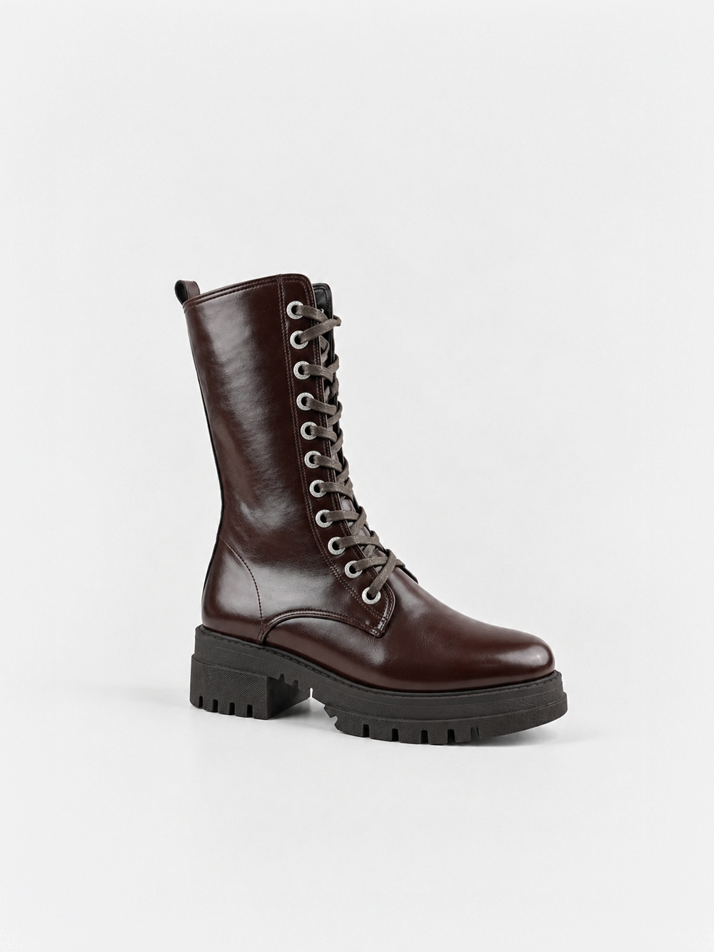 Brown mid-calf lace-up combat boot faux leather – front three-quarter view