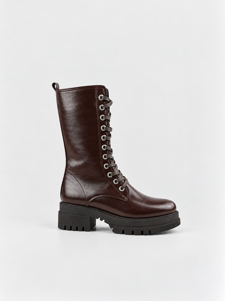 Brown mid-calf lace-up combat boot faux leather – side view