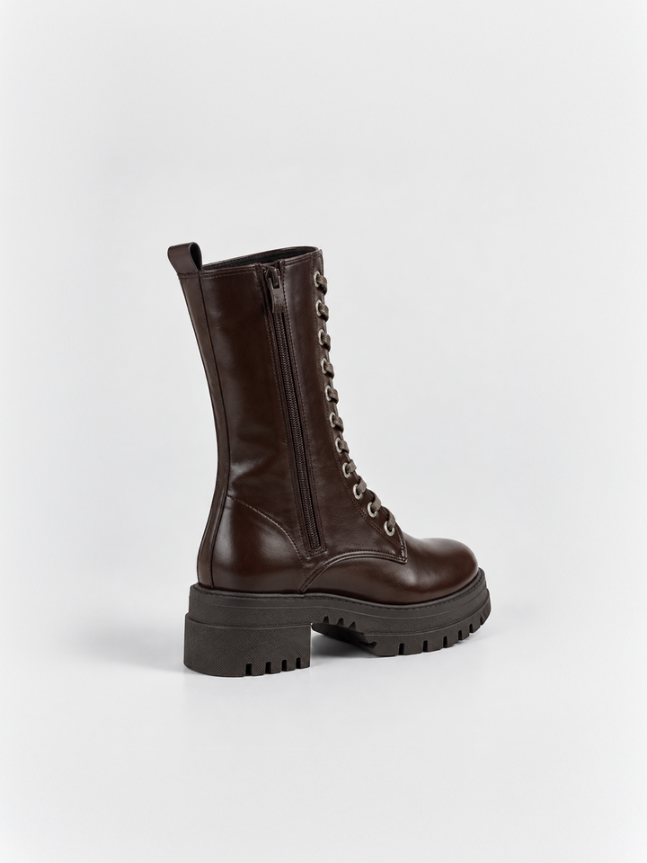 Brown mid-calf lace-up combat boot faux leather – inner side view showing the zip