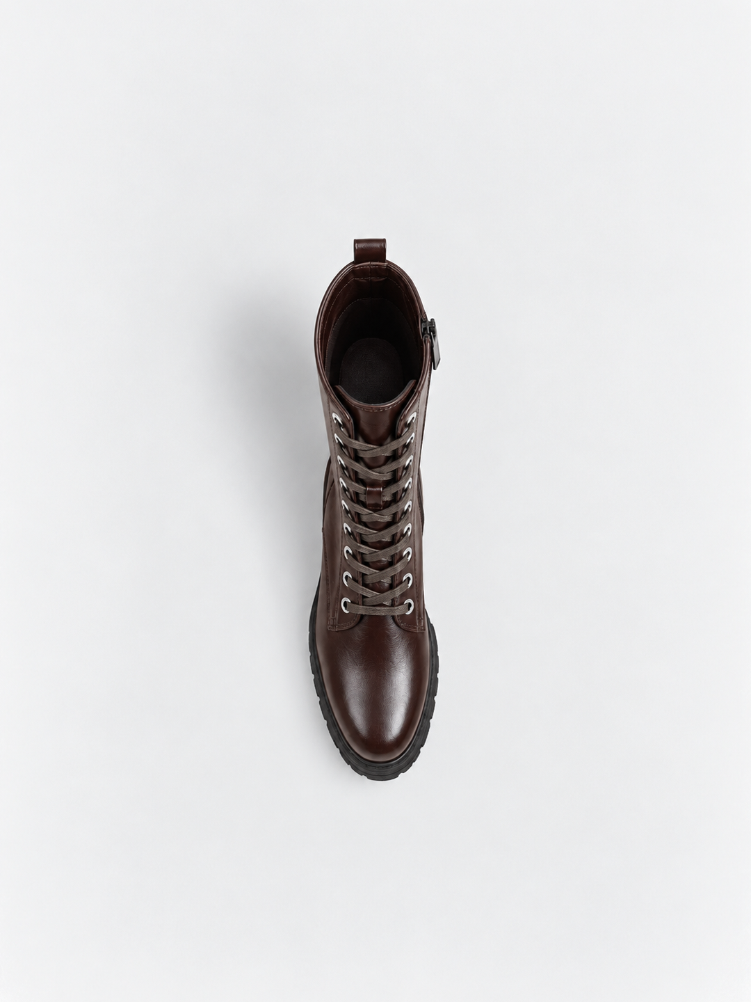 Brown mid-calf lace-up combat boot faux leather – top view