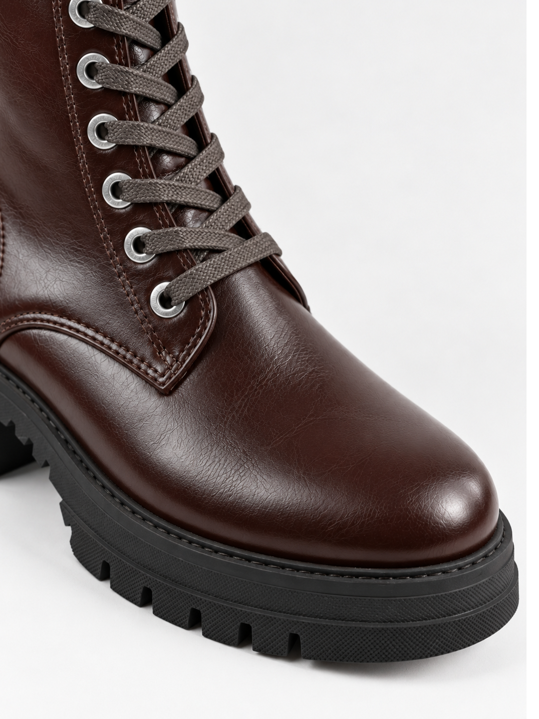 Brown mid-calf lace-up combat boot faux leather – round toe close-up