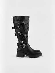 Multi-Buckle Knee-High Boot Faux Leather – Black