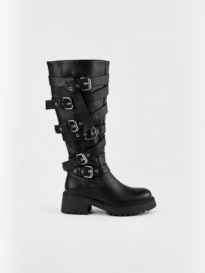 Black multi-buckle knee-high boot faux leather – side view