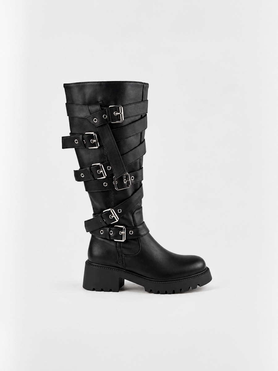 Multi-Buckle Knee-High Boot Faux Leather – Black
