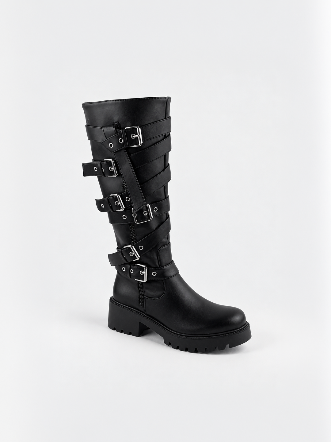 Black multi-buckle knee-high boot faux leather – front three-quarter view
