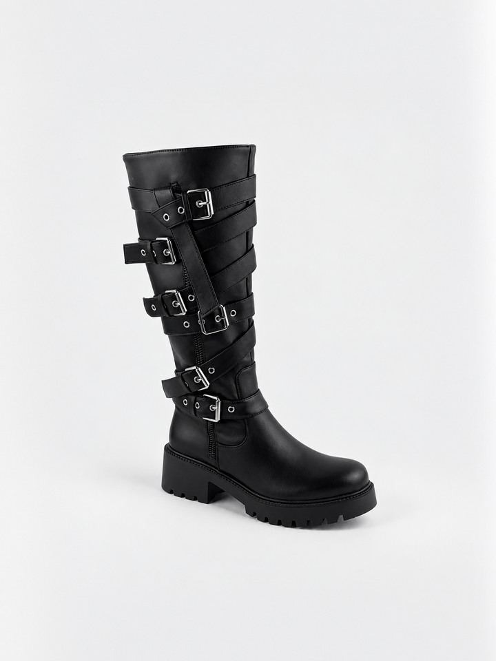 Black multi-buckle knee-high boot faux leather – front three-quarter view