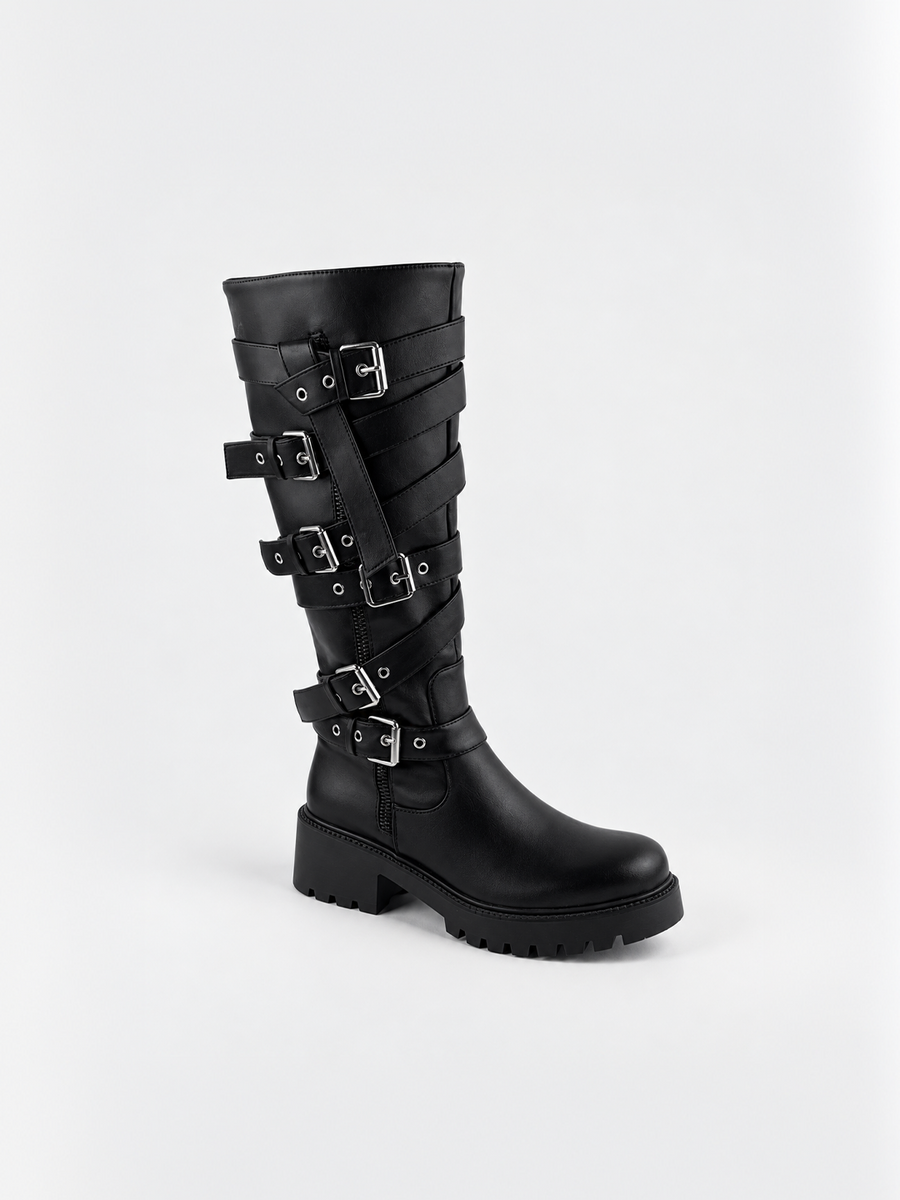 Multi-Buckle Knee-High Boot Faux Leather – Black