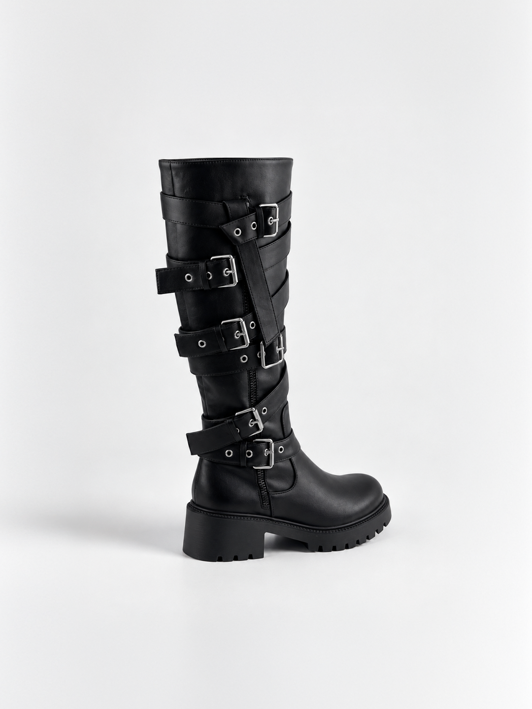 Black multi-buckle knee-high boot faux leather – back three-quarter view