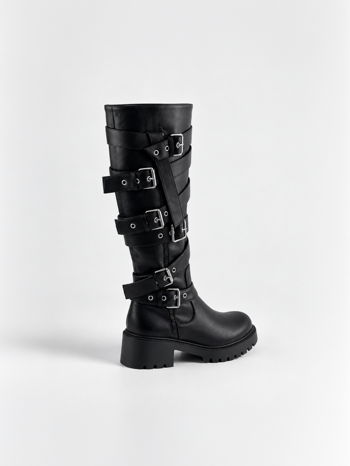 Black multi-buckle knee-high boot faux leather – back three-quarter view