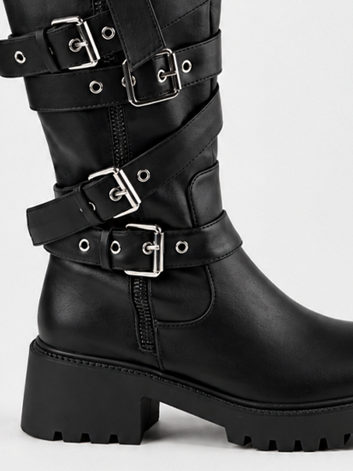 Black multi-buckle knee-high boot faux leather – buckle straps close-up