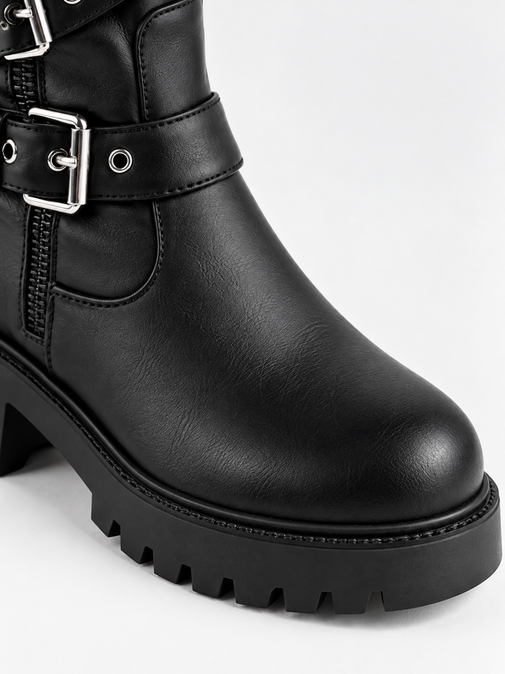 Black multi-buckle knee-high boot faux leather – round toe and lug sole close-up