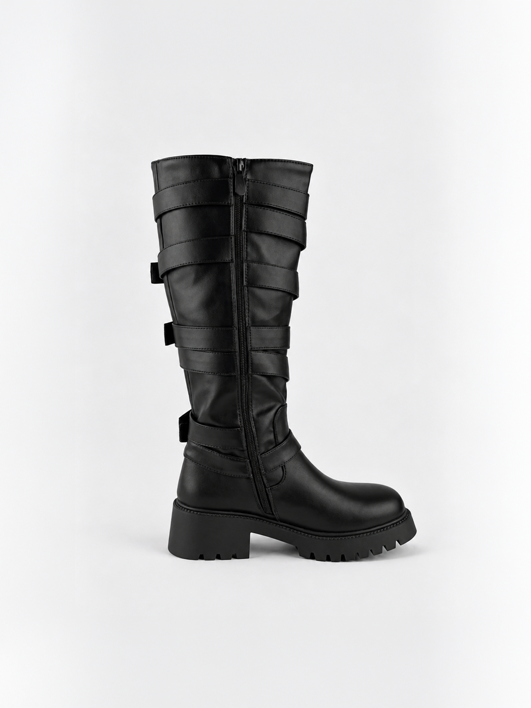 Black multi-buckle knee-high boot faux leather – inner side view showing the zip