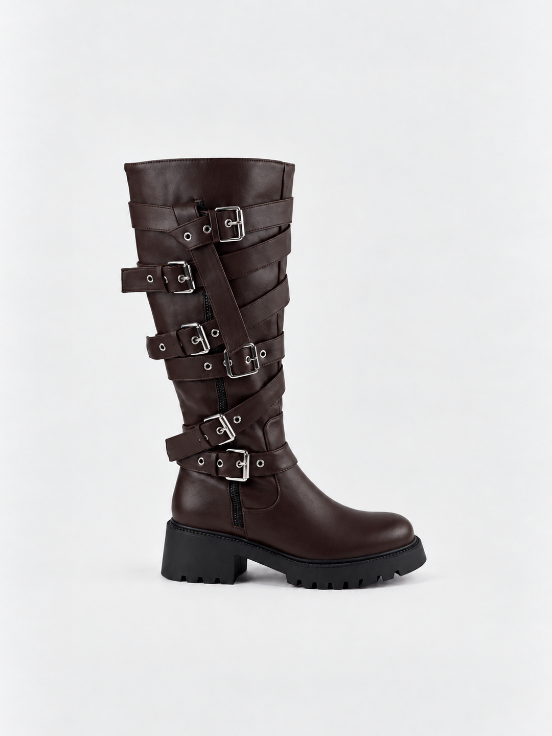 Brown multi-buckle knee-high boot faux leather – side view
