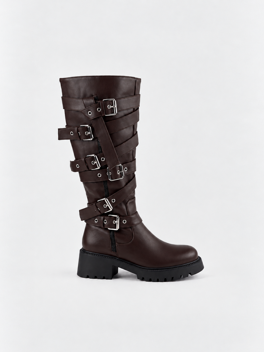 Multi-Buckle Knee-High Boot Faux Leather – Brown
