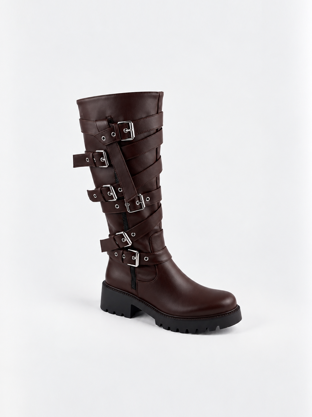 Brown multi-buckle knee-high boot faux leather – front three-quarter view